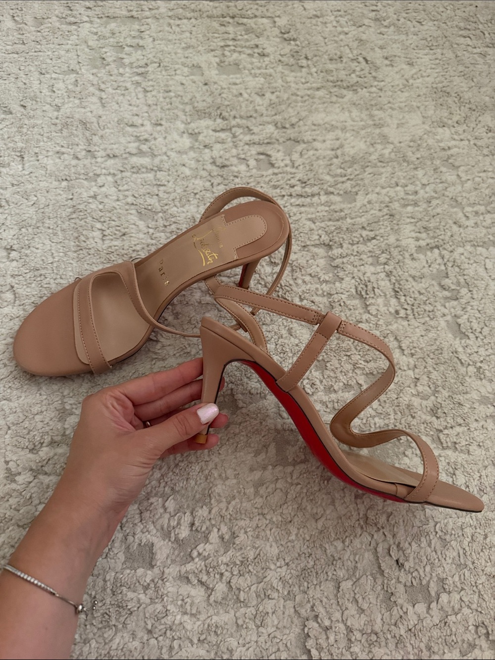 Beige Leather Open-Toe Slingback Heels
